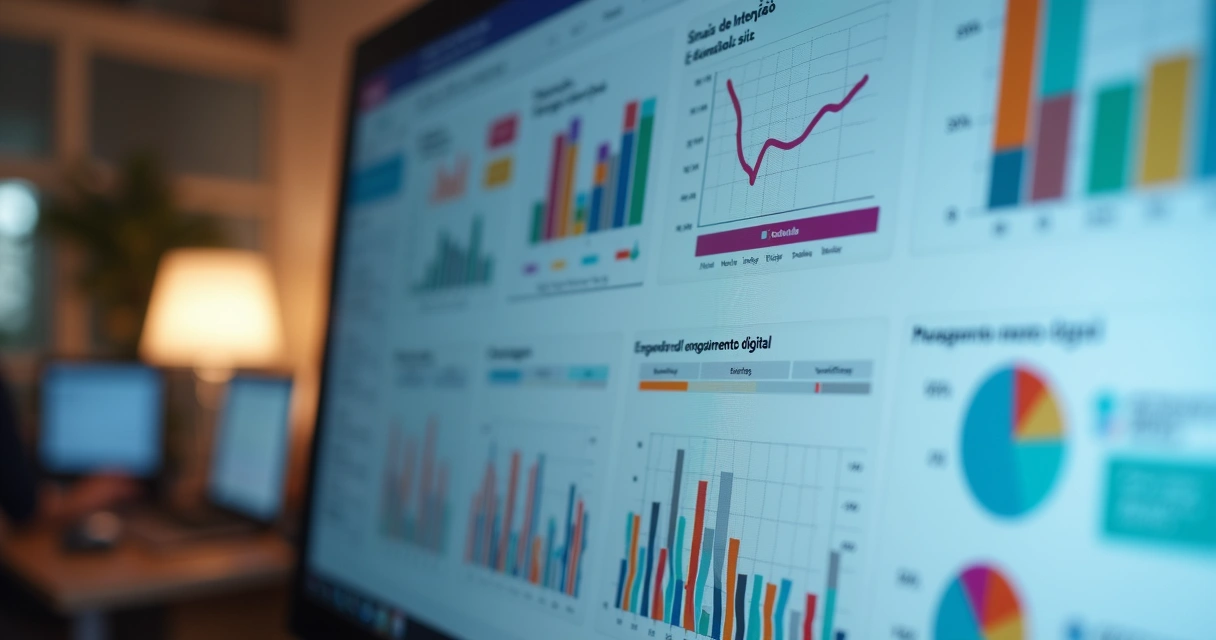 Tela de computador com gráficos de comportamento digital de leads e sinais de intenção