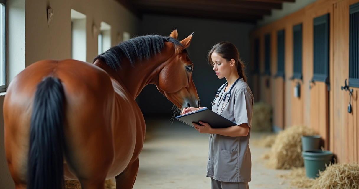 Veterinário observando cavalo demonstrando sinais sutis de desconforto no estábulo 