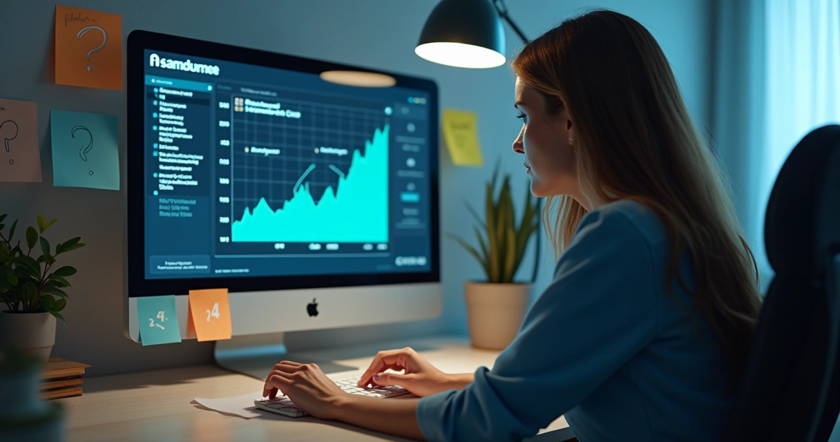 Profissional observa tela com gráficos de queda e comentários de leads B2B 