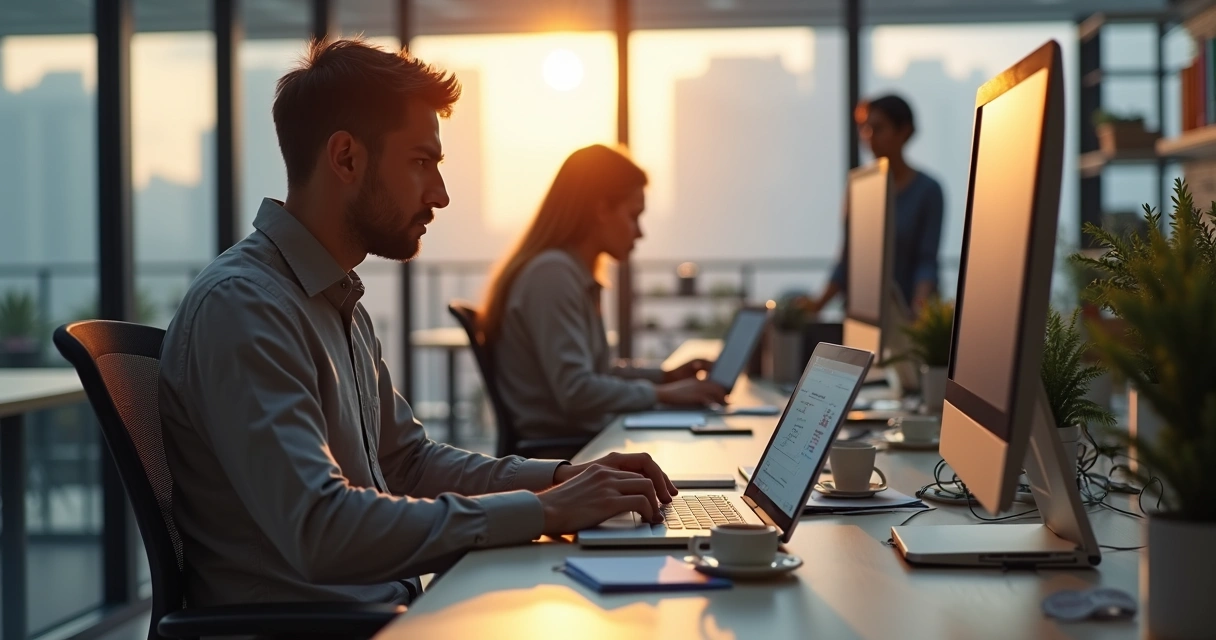 Profissional em escritório observado ao fundo enquanto perde o foco diante do computador 