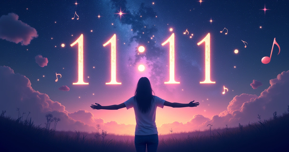 Visão noturna do universo com números e notas musicais, simbolizando sinais e mensagens divinas.