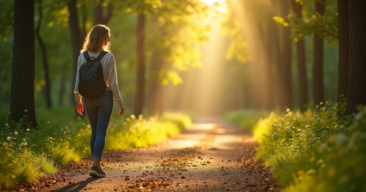 Pessoa caminhando por uma trilha com sinais luminosos ao redor simbolizando mensagens do universo 