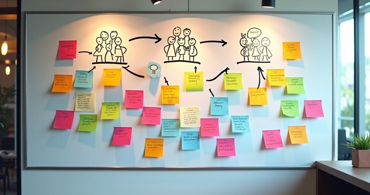 Quadro branco cheio de post-its coloridos, equipes desenhadas trabalhando em paralelo, cada grupo separado