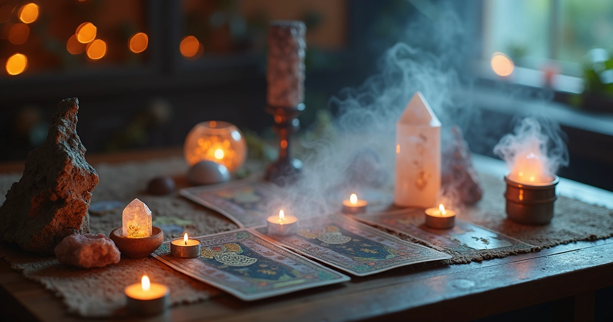 Elementos esotéricos brilhando em mesa espiritual com cartas e cristais 