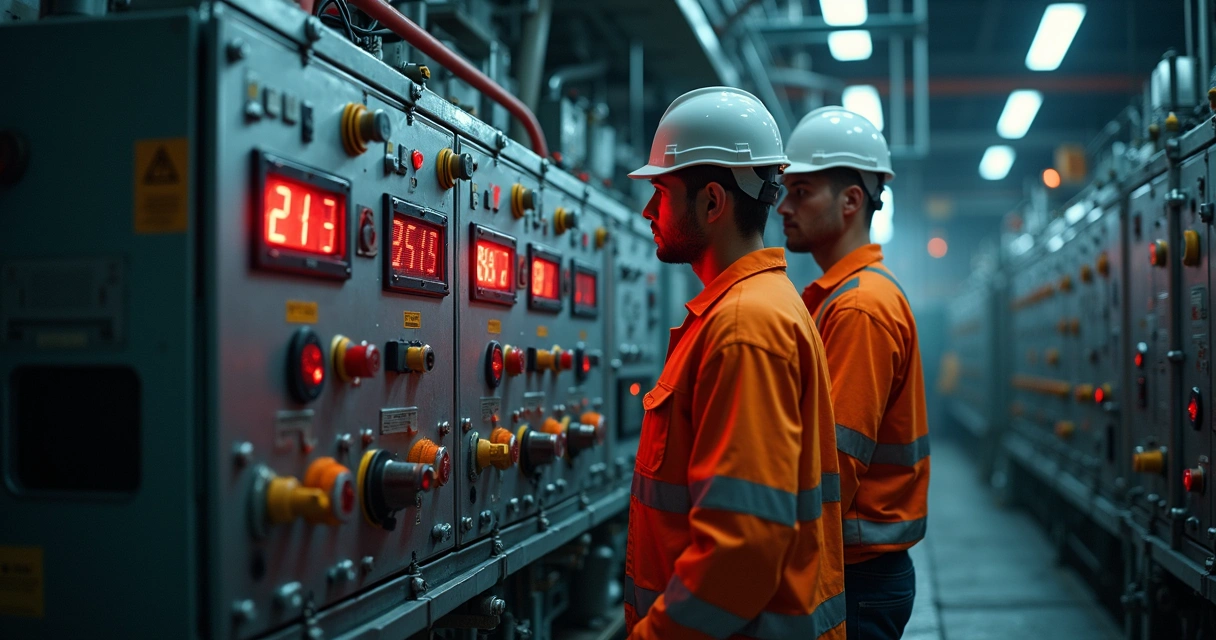 Painel de controle de equipamento industrial com luz de aviso vermelho acesa e técnicos atentos ao sinal, observando sensores 