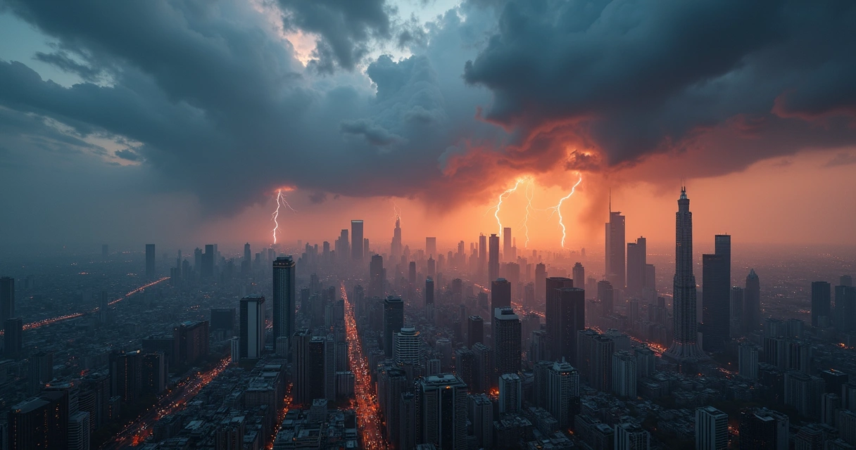 Céu escuro com relâmpagos sobre cidade abalada 
