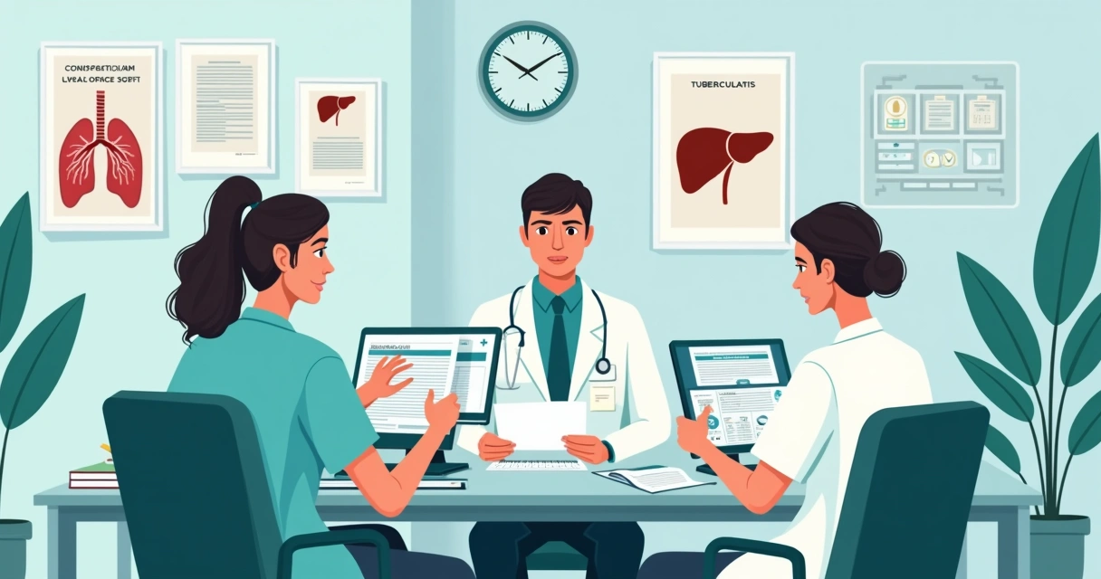 Manejo da hepatotoxicidade durante a terapia antituberculosa 1 Ilustração de profissionais de saúde analisando resultados de exames hepáticos em um paciente com tuberculose.