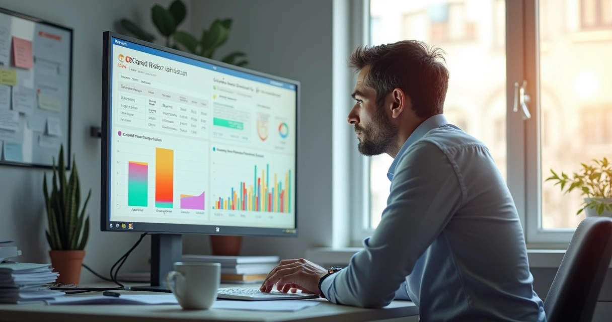Pessoa olhando preocupada para relatórios de clientes no computador 