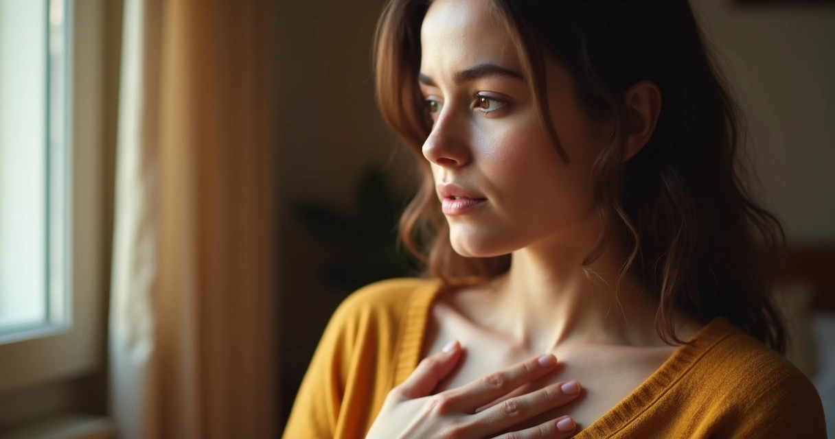 Mão apoiada no peito, leve expressão de reflexão, sugerindo conexão interna enquanto decide algo 