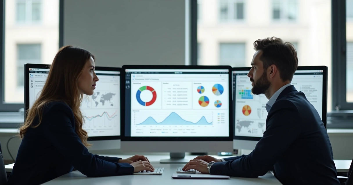 Dois profissionais analisando dados em computador e gráficos na tela 