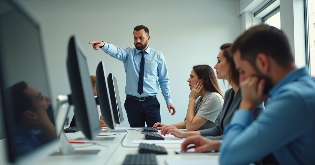 Equipe de escritório demonstrando sinais de insatisfação e desconforto com líder 