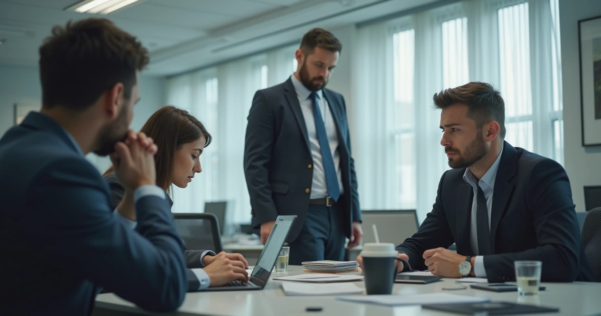 Gestor cobrando equipe tensa em ambiente de trabalho