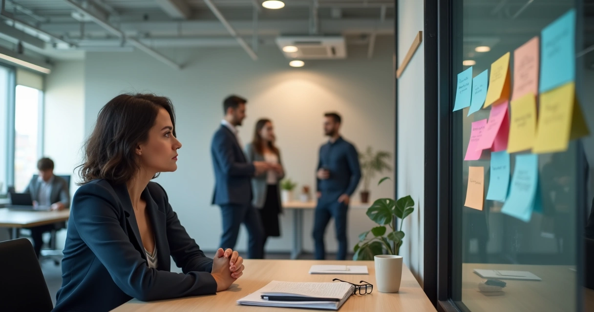 Colega isolado observando bilhetes com comentários sutis em escritório moderno 