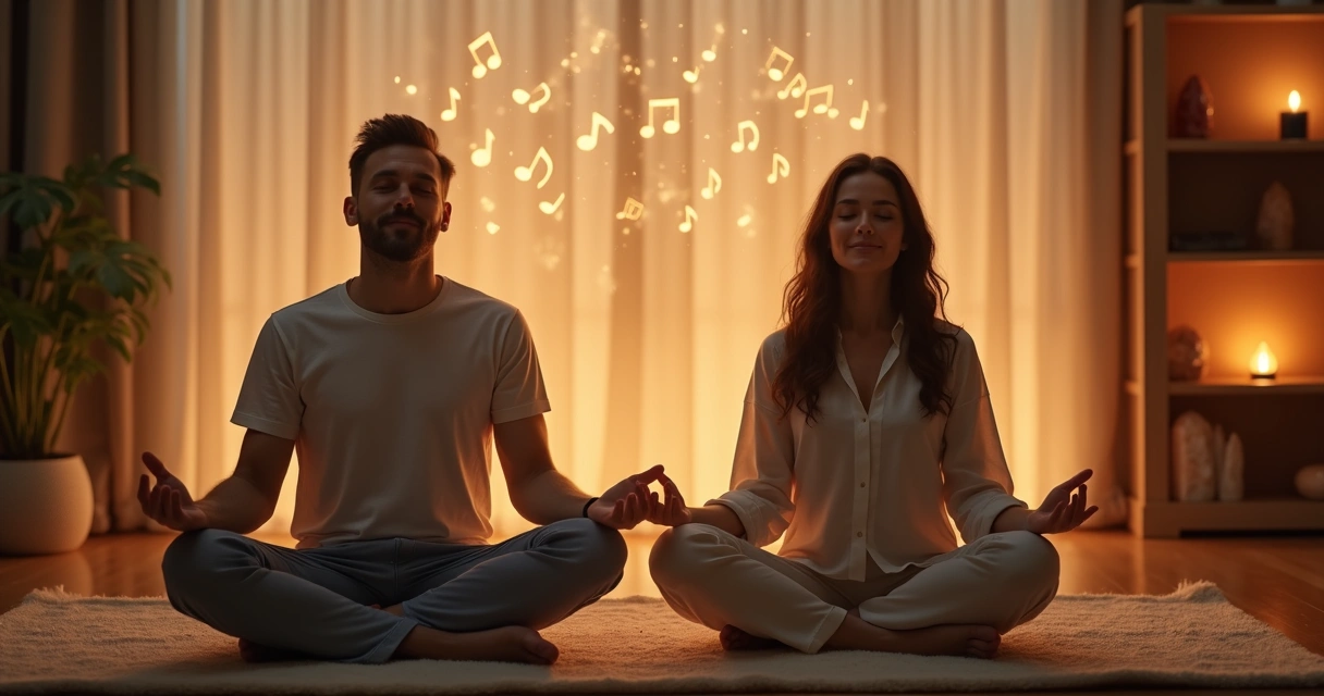 Homem e mulher sentados ouvindo música espiritualizados 