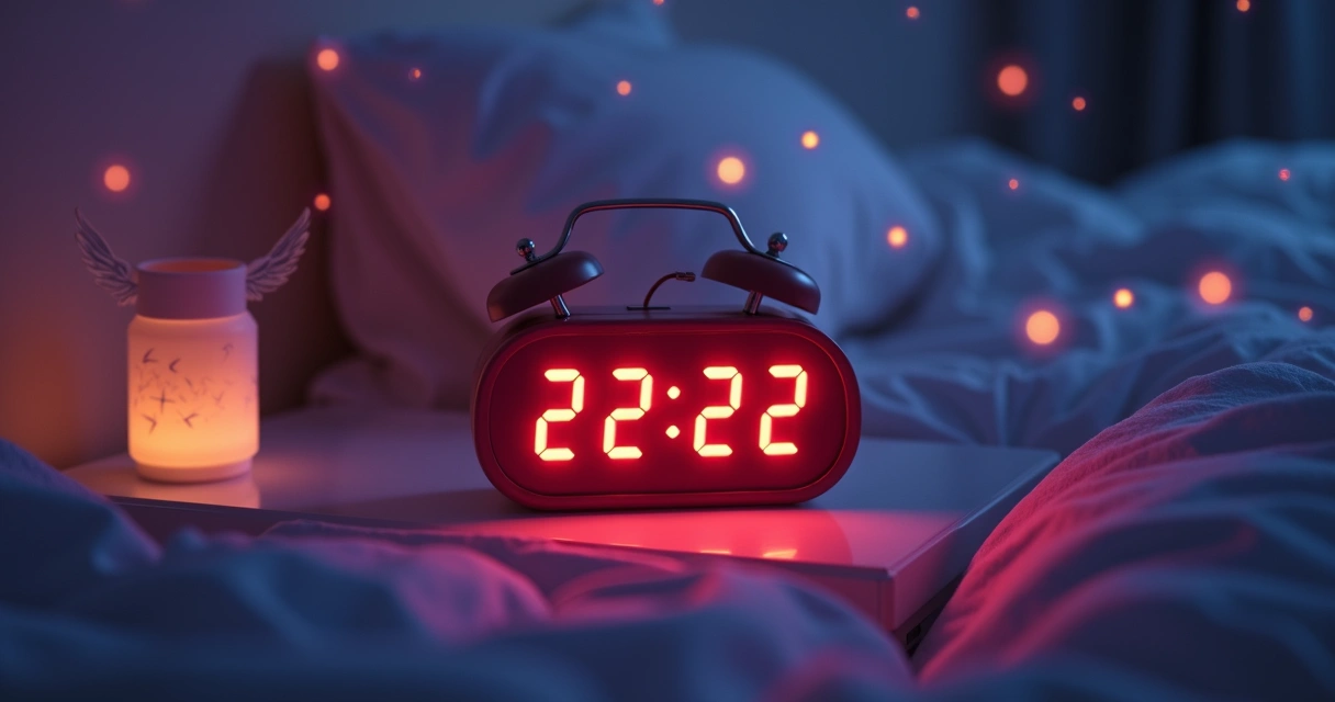 Detalhe de um relógio digital mostrando 22:22. 