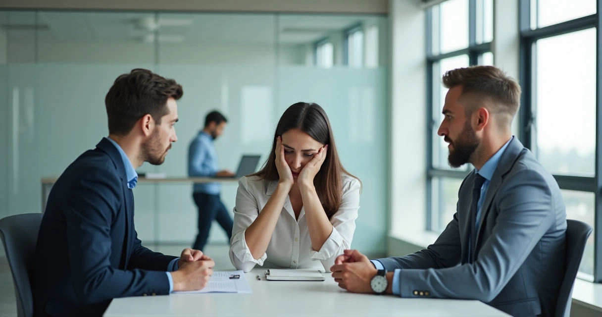 Colegas de trabalho trocando olhares desconfiados em um escritório moderno. 