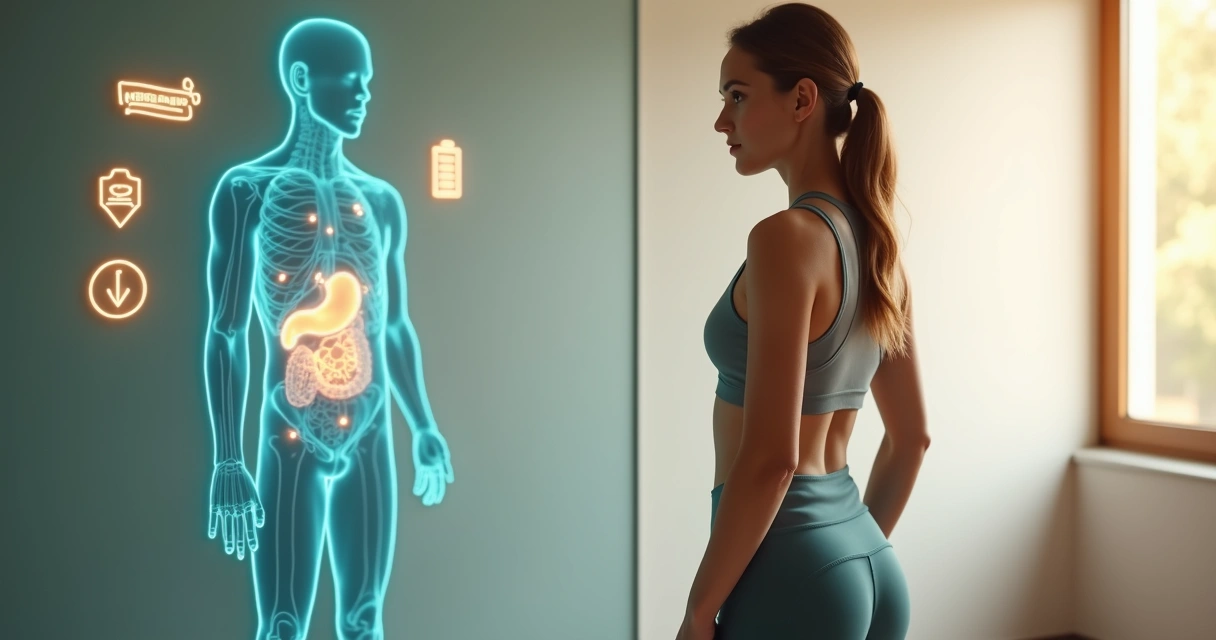 Pessoa observa ilustrações transparentes de glicose e insulina sobre o próprio corpo 