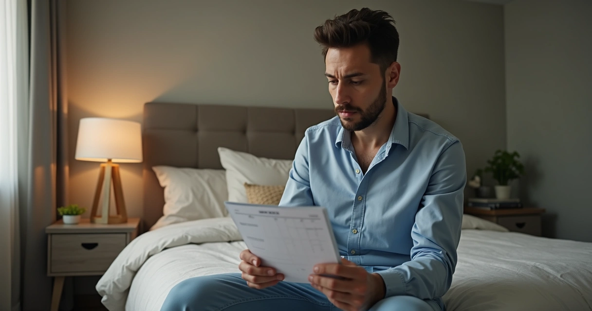 Homem observando agenda médica com expressão séria em casa