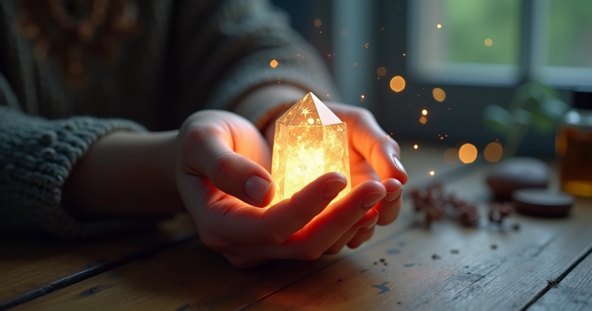 Luz suave incidindo sobre mão que segura objeto pequeno refletindo múltiplos brilhos ao redor 