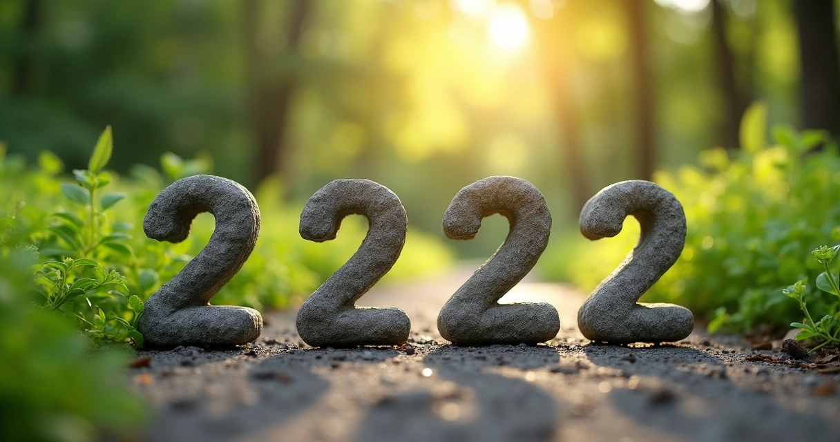 Sequência numérica 2222 escrita em pedras alinhadas sobre o solo do bosque 
