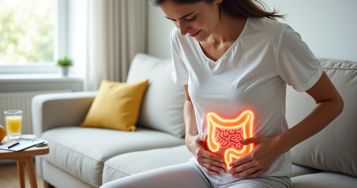 Mulher tocando o abdômen com ilustração semitransparente do intestino destacando desconforto 