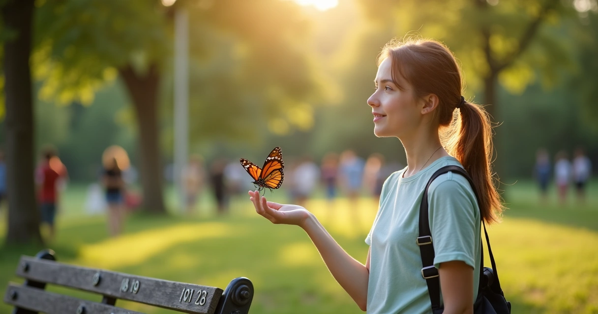 Jovem contemplando borboleta pousada em sua mão 