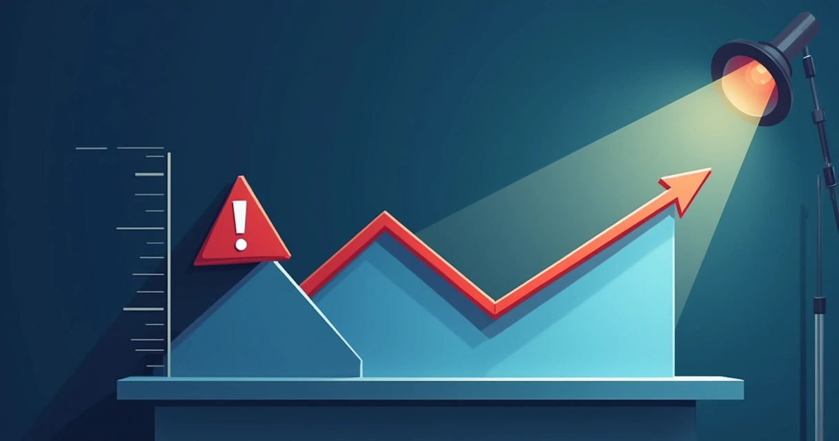 Gráfico de linhas onde a margem de lucro começa a cair, com sinal de alerta em vermelho ao lado 