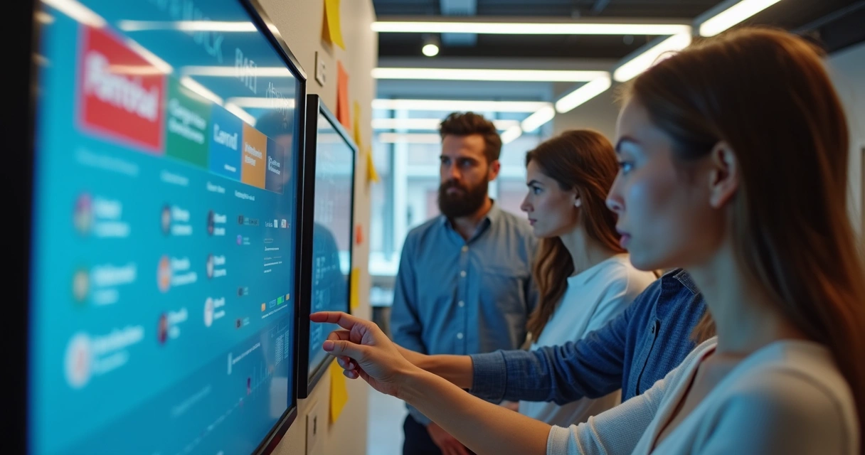 Equipe analisa painel de feedback com alertas de insatisfação