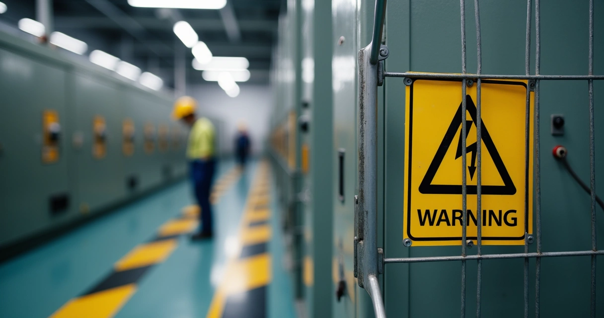 Sinalização de alerta elétrico próxima a um painel em ambiente industrial 