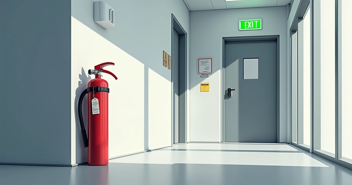 Sinalização de saída de emergência e extintor em corredor de prédio comercial
