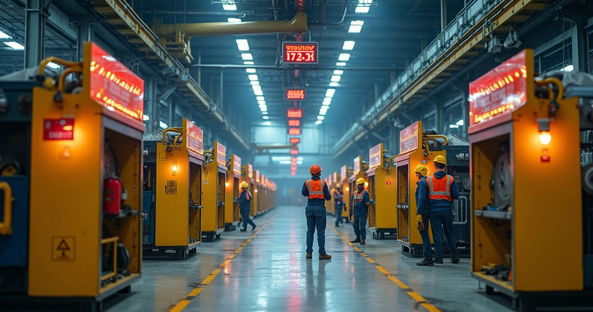 Setor industrial com placas de sinalização de risco junto a máquinas e operários