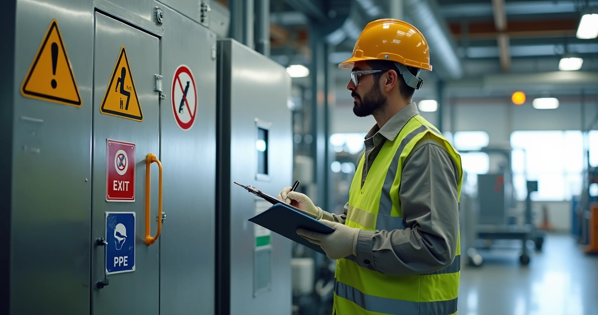 Técnico em indústria observando painéis com sinalização de risco e EPI obrigatório 