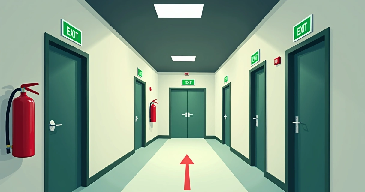 Sinalização clara das rotas de fuga em corredor de edifício 