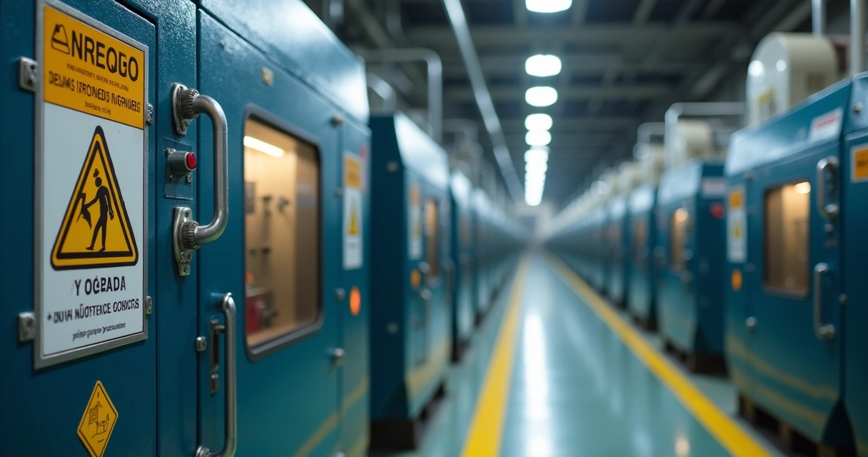 Sinalização de segurança e placas informativas em área industrial 