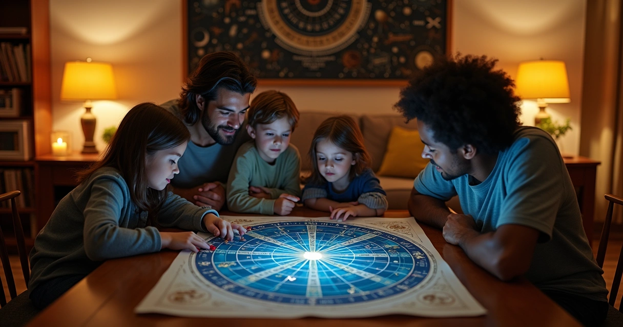 Família reunida em volta de mapa astral iluminado sobre a mesa 
