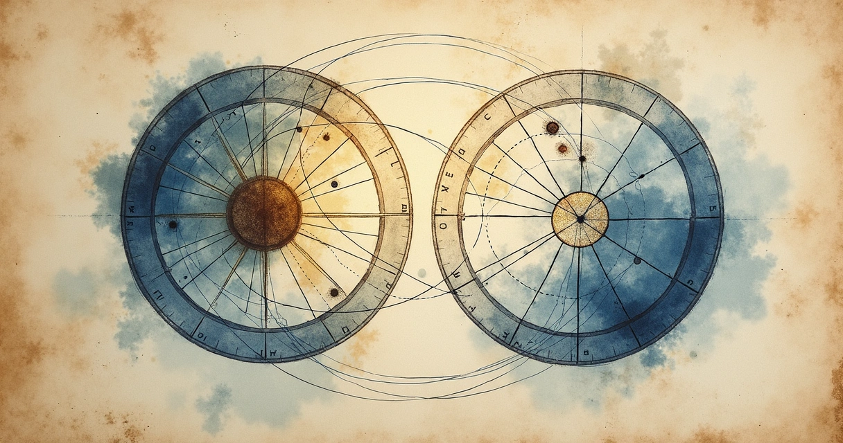 Dois mapas astrais sobrepostos mostrando conexões e linhas entre planetas, simbolizando sinastria 