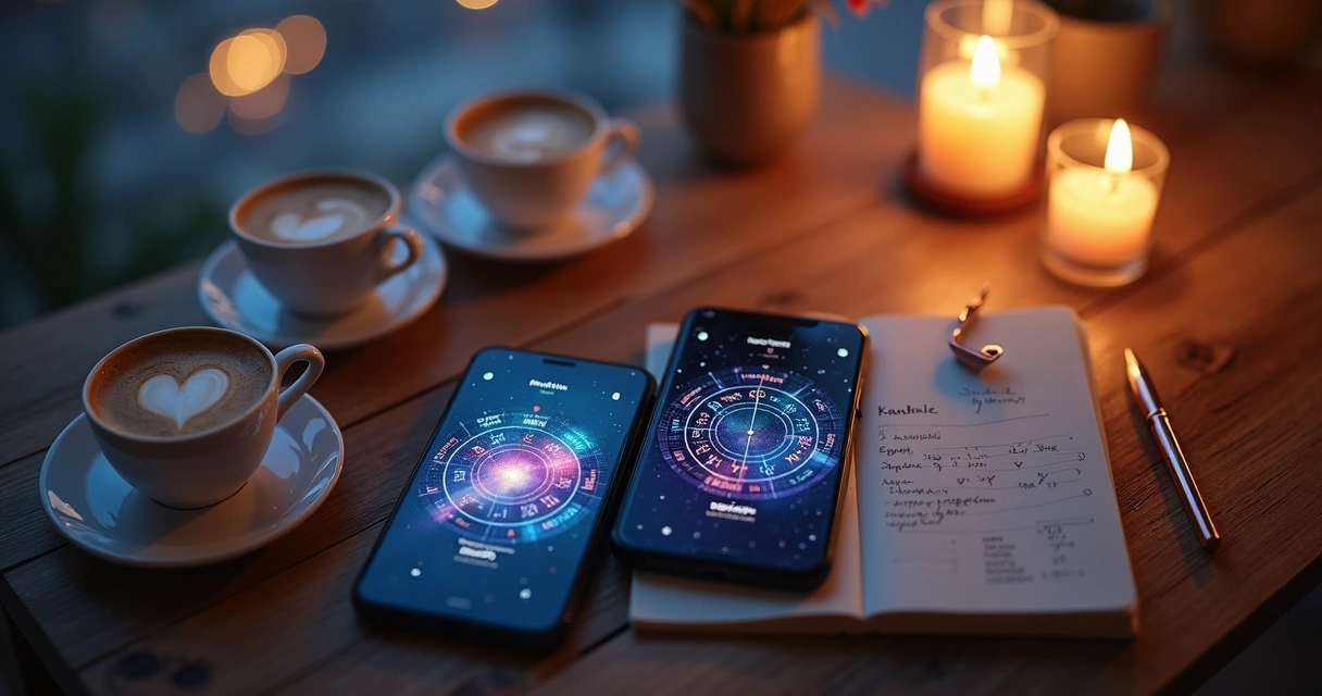 Dois smartphones exibindo mapas astrais lado a lado sobre mesa iluminada 