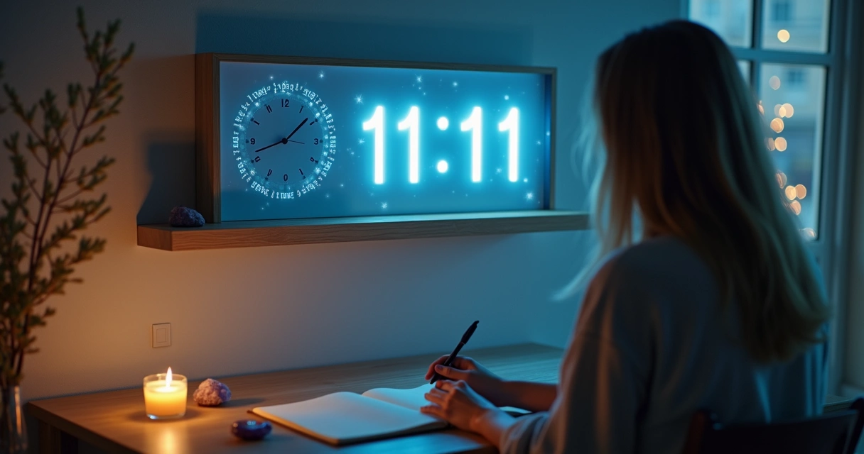 Relógio marcando 11:11 projetando feixes de luz e símbolos de numerologia ao redor 