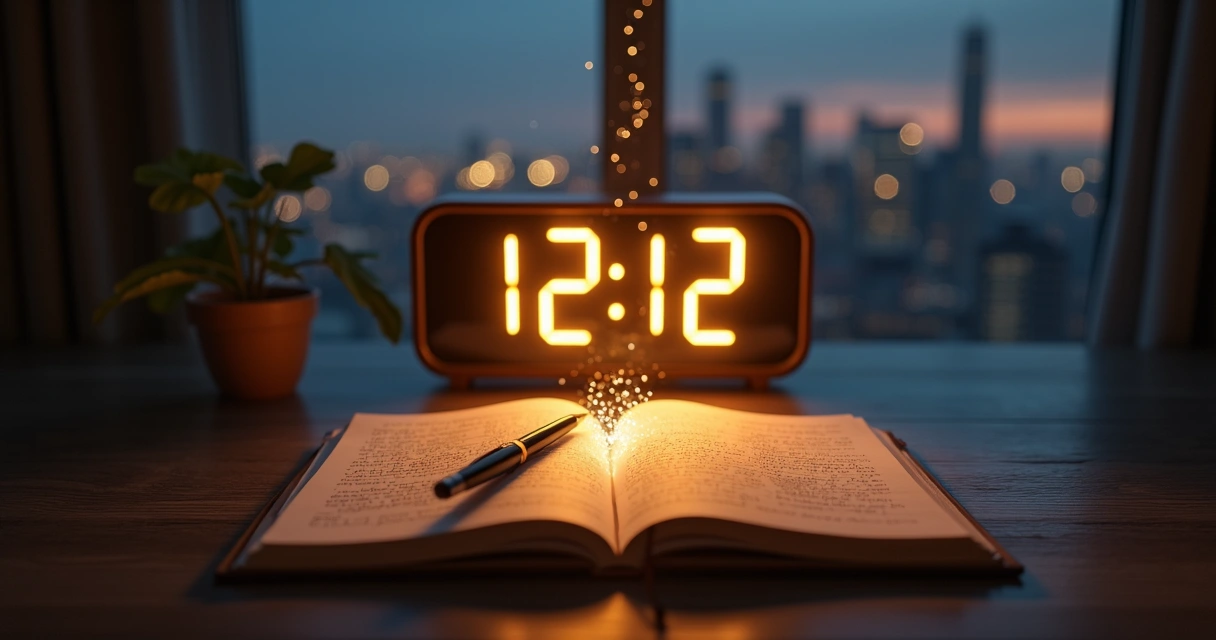 Relógio marcando 12:12 sobre livro com luz brilhante saindo das páginas 