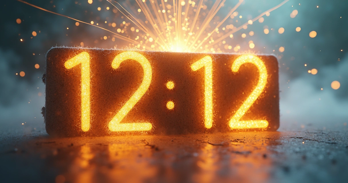 Relógio digital marcando 12:12 com raios de luz dourados ao redor 