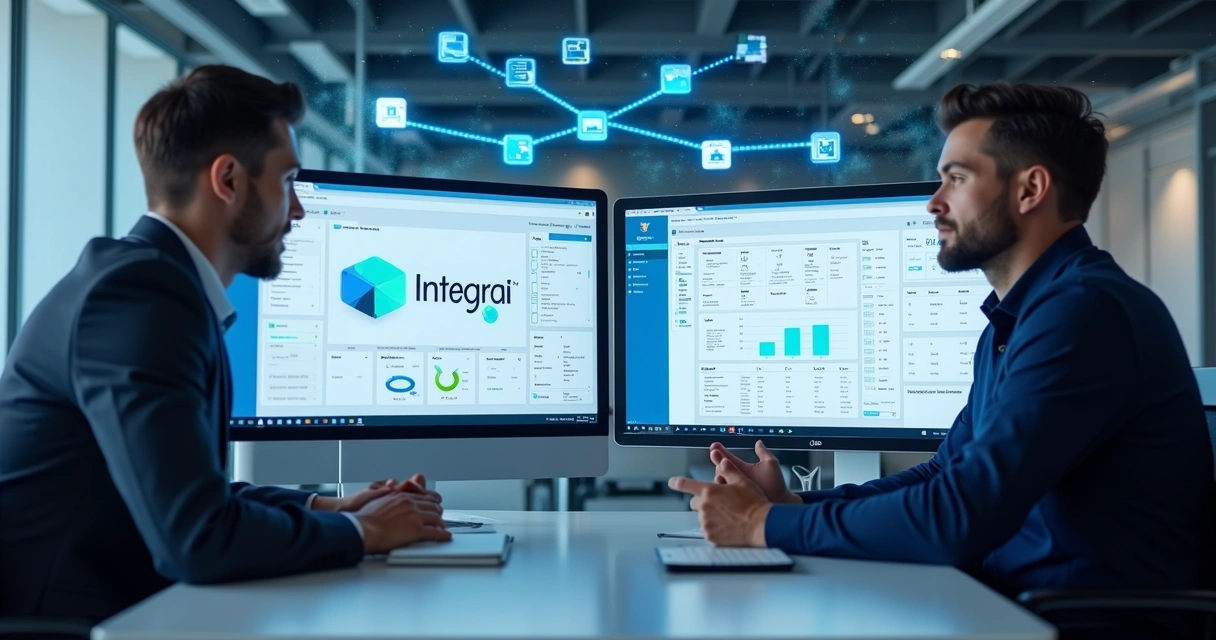 Tela de computador com gráficos coloridos e códigos conectando dois sistemas, simbolizando sincronização automática entre Integrai e Conta Azul
