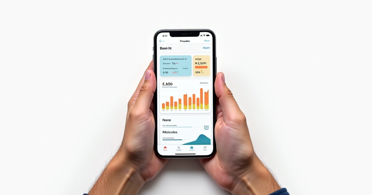 Tela de aplicativo financeiro mostrando gráficos coloridos e resumo de contas sincronizadas com bancos em smartphone sobre fundo claro 
