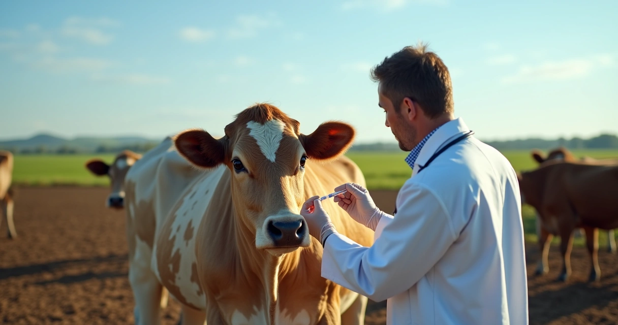 Veterinário aplicando hormônio em vaca em curral aberto sob céu azul 