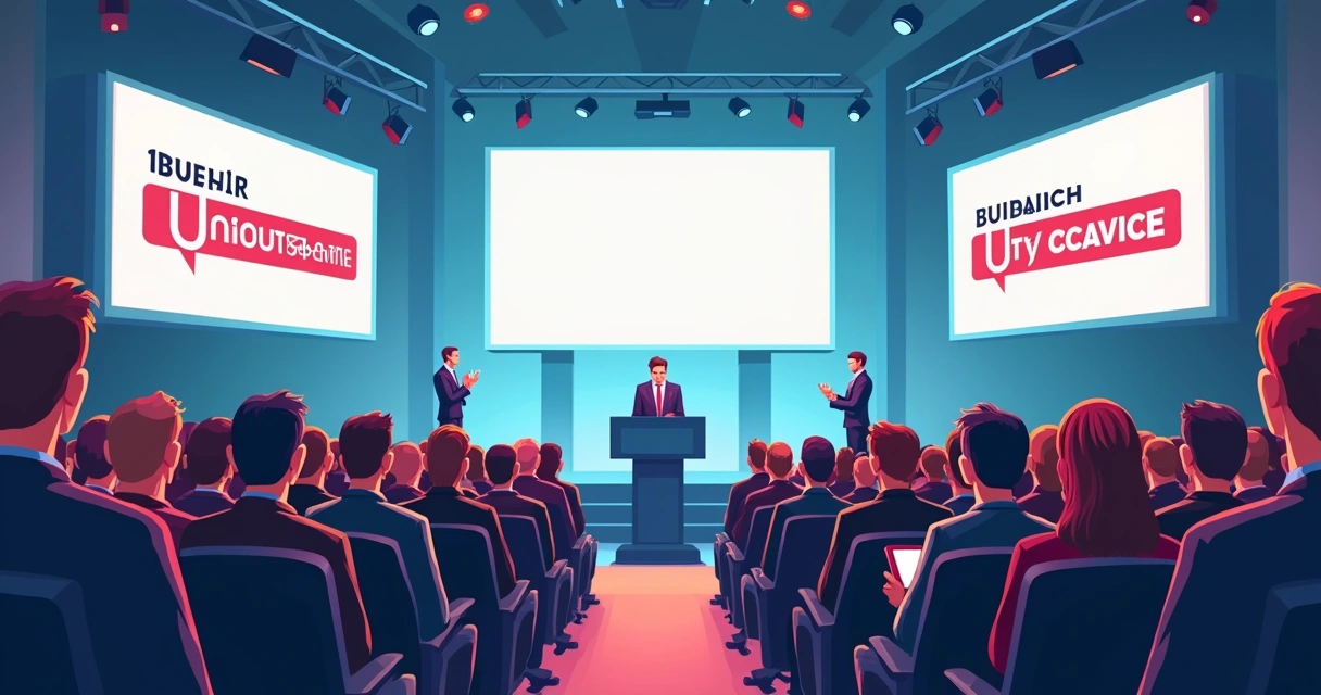 Assembleia sindical com lideranças em destaque e banners digitais