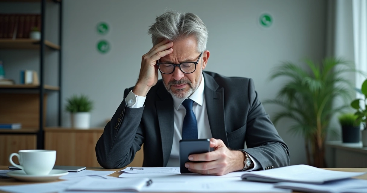 Homem de terno sentado à mesa com notebook, papéis e celular, expressão cansada. 