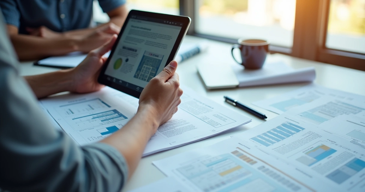 Síndico analisando documentos digitais com tablet e papéis ao lado 