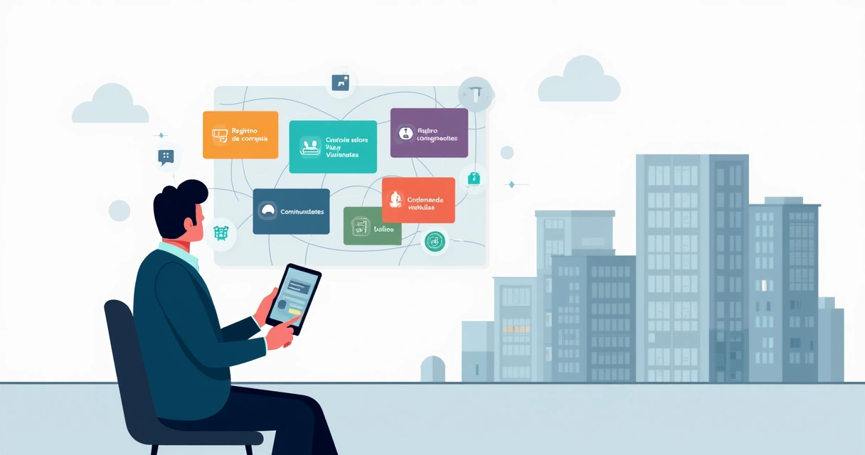 Síndico estudando termos de tecnologia condominial em painel digital 