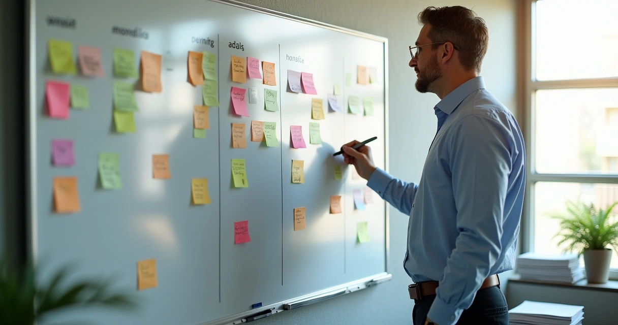 Síndico planejando tarefas com quadro e post-its 