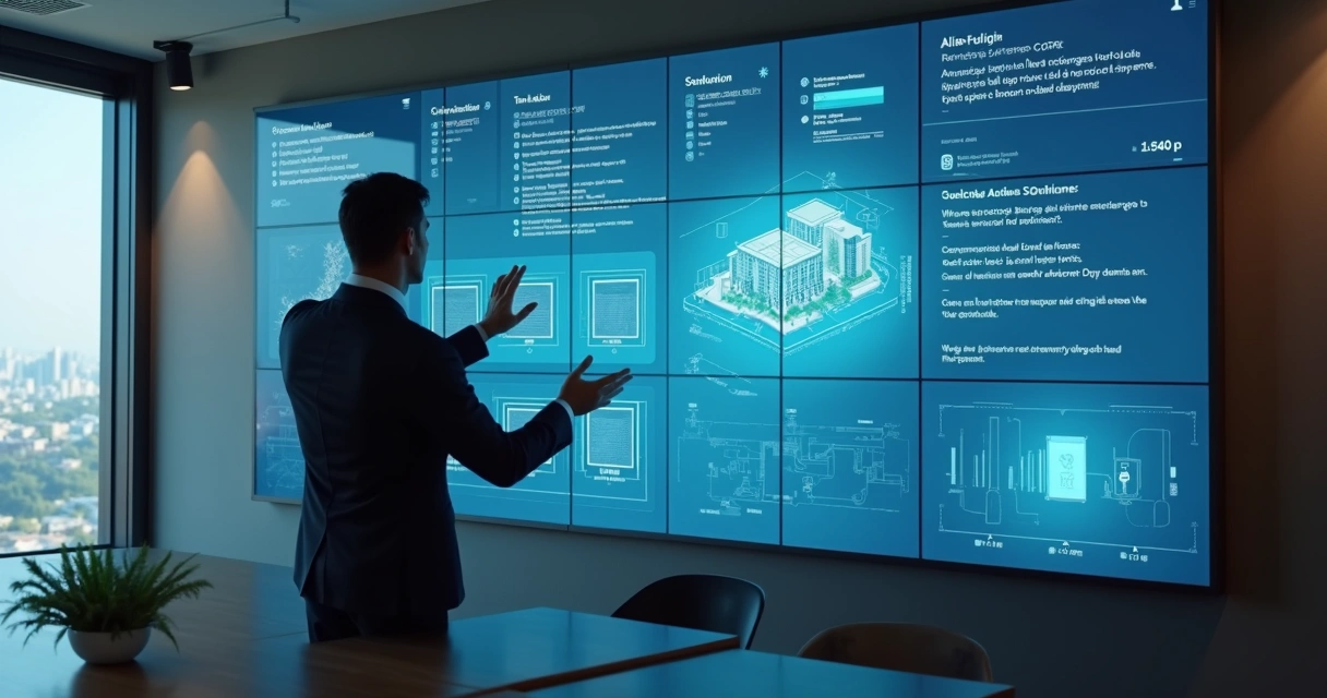 Síndico em sala de reunião com painel de tecnologia 