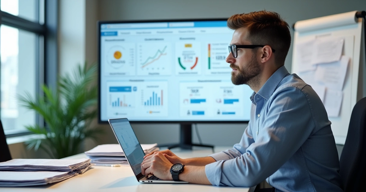 Síndico analisando lista de prazos e tarefas em um painel digital com documentos à mão 